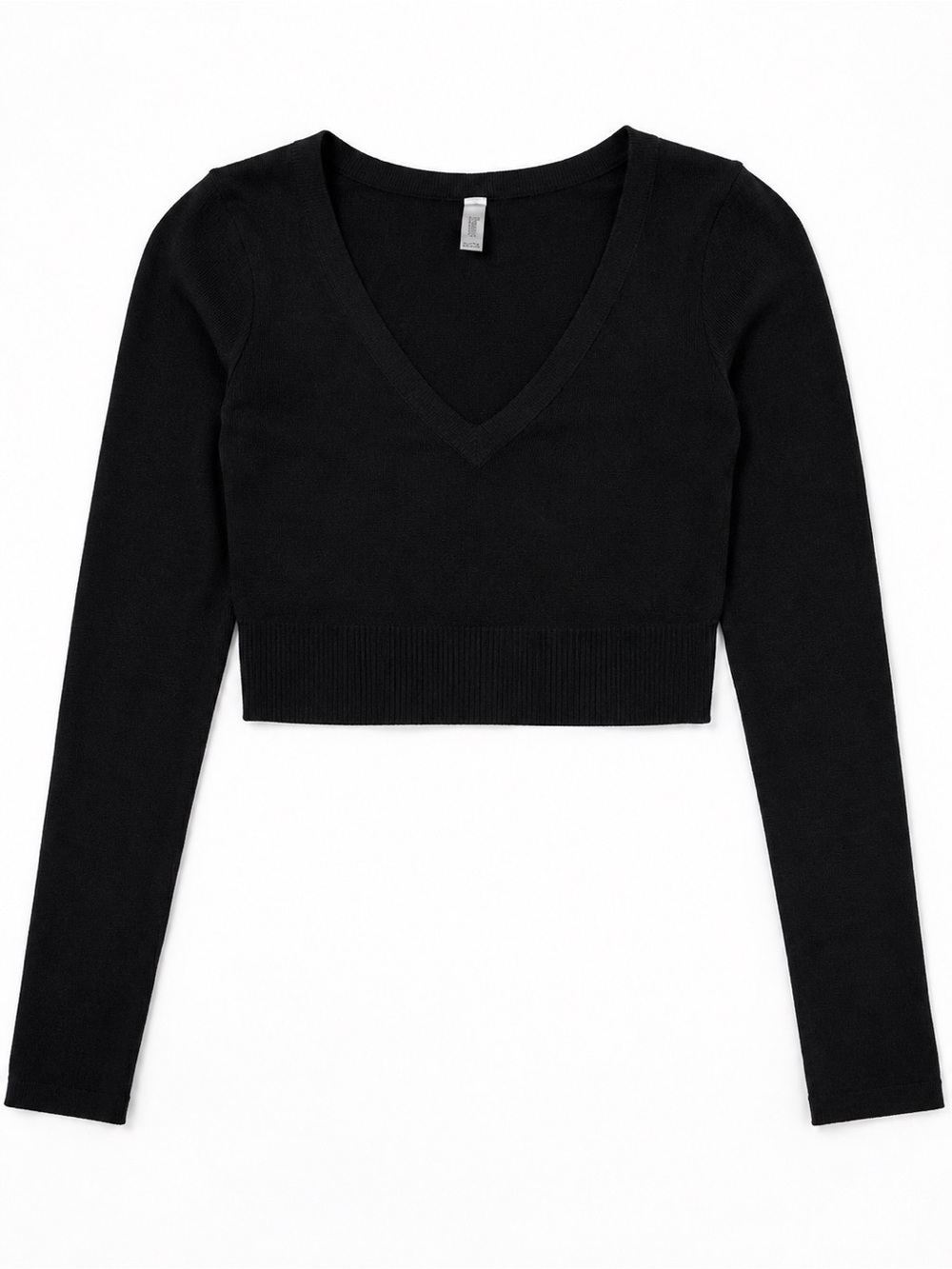 Zenana Black V Neck Cropped Long Sleeve Top Stretchy L/XL NWOT - Picture 1 of 5